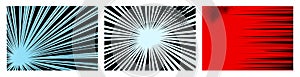 Comic book speed lines set, explosion effect. Abstract radial zoom speed light, motion background set. Mega speed frames