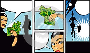 Comic Book Style Banners with woman man and money Talkin
