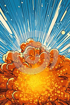 Comic book-style explosion background with burst of energy and dramatic orange and blue halftone design