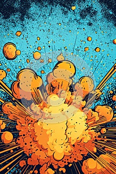 Comic book-style explosion background with burst of energy and dramatic orange and blue halftone design