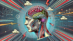 Comic Book-Style Fusion of Brain and Computer - Artificial General Intelligence AGI- AI Generated