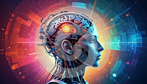 Comic Book-Style Fusion of Brain and Computer - Artificial General Intelligence AGI- AI Generated