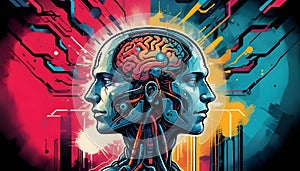 Comic Book-Style Fusion of Brain and Computer - Artificial General Intelligence AGI- AI Generated