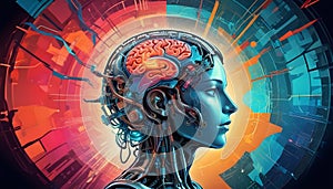 Comic Book-Style Fusion of Brain and Computer - Artificial General Intelligence AGI- AI Generated photo