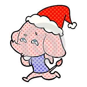 comic book style illustration of a elephant remembering wearing santa hat