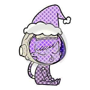 comic book style illustration of a pretty astronaut girl sitting waiting wearing santa hat