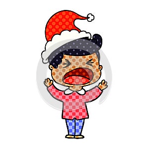 comic book style illustration of a shouting man wearing santa hat