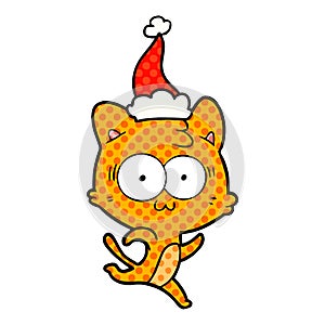 comic book style illustration of a surprised cat running wearing santa hat