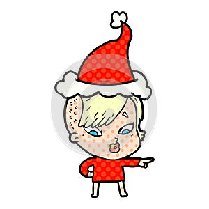 comic book style illustration of a surprised girl pointing wearing santa hat