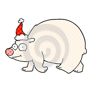 comic book style illustration of a walking polar bear wearing santa hat