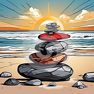 A comic-book style, zen pile of rocks on a beach in intriguing colors.