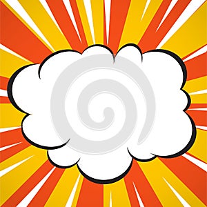 Comic book superhero explosion cloud pop art style yellow and white radial lines background