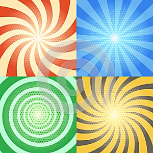 Comic book vector backgrounds set. Retro sunburst and spiral effects with halftone pattern