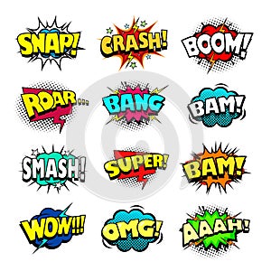 Comic book sound bubbles set, cool blast and crash sound effect