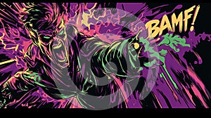 Comic book villain screaming with energy and bamf sound effect .ai generated