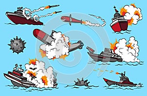 Comic book warships set. Collection of ships that launch missiles or explode. Military action. Pop art concept icons for