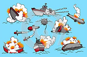 Comic book warships set. Collection of ships that launch missiles or explode. Military action. Pop art concept icons for photo