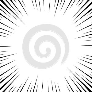 Comic book white and black radial lines background. Superhero action, explosion background, manga speed frame, vector illustration