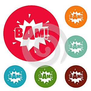 Comic boom bam icons circle set vector