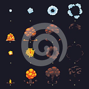 Comic boom blast explosion with flame and smoke fx animation frames sprites vector collection