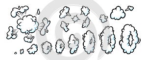 Comic boom smoke effect. Row of steam clouds and puff shapes for surprising and explosive events. Vector illustartion