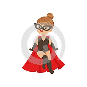 Comic brave super girl kid flying in superhero black costume, mask and red cloak. Vector flat girl character in