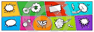 Comic bubble vector set, cartoon speech background, colorful fun cloud on template page, retro frame with halftone elements,