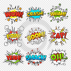 Comic bubbles. Funny comics words in speech bubble frames. Wow oops bang zap thinking clouds. Expression balloons set photo