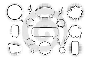 Comic bubbles in retro style, elements in halftone and shadow. Empty bubbles. Vector illustration