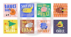 Comic cards with abstract funny cute characters set. Modern creative humor postcards in whimsical fun doodle style