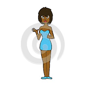 comic cartoon confused woman in cocktail dress