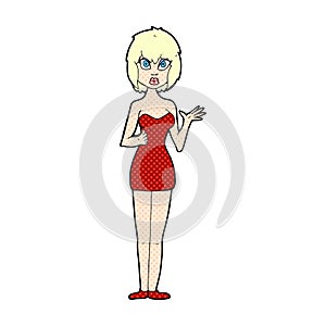 comic cartoon confused woman in cocktail dress