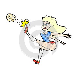 comic cartoon female soccer player kicking ball