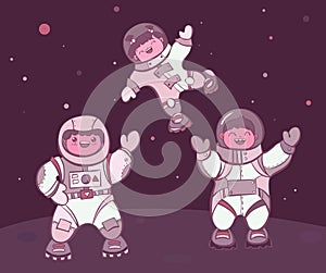 Comic cartoon kids astronauts landed on planet illustration