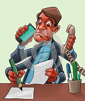 Comic cartoon of a man multitasking