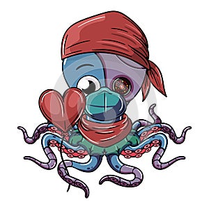 Comic cartoon octopus with red bandana, a face mask and a heart balloon in his robotic tentacle for Valentine\'s Day