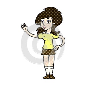 comic cartoon pretty woman waving for attention