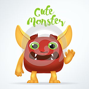 Comic Cartoon red creature character with cute monster lettering. Fun mutant isolated on light background.