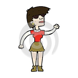 comic cartoon woman in spectacles waving