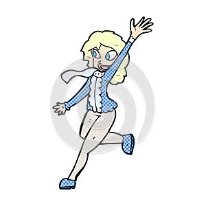 comic cartoon woman waving dressed for winter