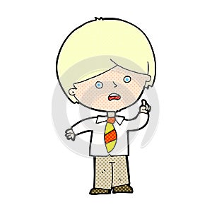 comic cartoon worried school boy raising hand