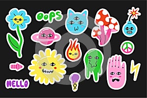 Comic characters sticker. Psychedelic 80s objects with faces, bright emoji, hand drawn text, flowers with eyes, heart, hippy sign photo