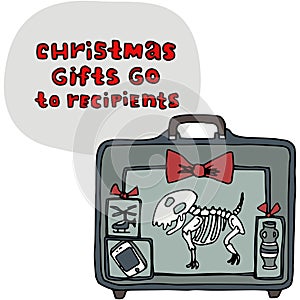 Comic Christmas greeting card. Christmas gifts go to recipients title. Suitcase at x-ray scanner. Cartoon style. Editable vector