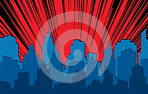 Comic cityscape. Retro urban silhouette of city buildings for art book comics with light effects vector scene background photo