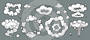 Comic cloud or smoke, cartoon vector motion effects, and explosions