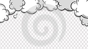 Comic clouds frame on transparent background. Explosion with puffs of smoke. Pop art background. Comic book explosion