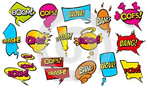 Comic colored hand drawn speech bubbles. Set retro cartoon stickers. Funny design vector items illustration. Comic text