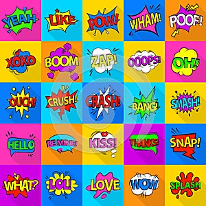 Comic colored sound icons set, flat style
