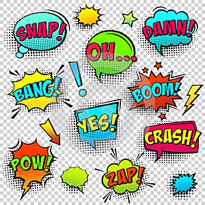 Comic colored speech bubbles with halftone shadow and text phrase. Sound expression of emotion. Hand drawn retro cartoon