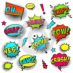 Comic colored speech bubbles with halftone shadow and text phrase. Sound expression of emotion. Hand drawn retro cartoon